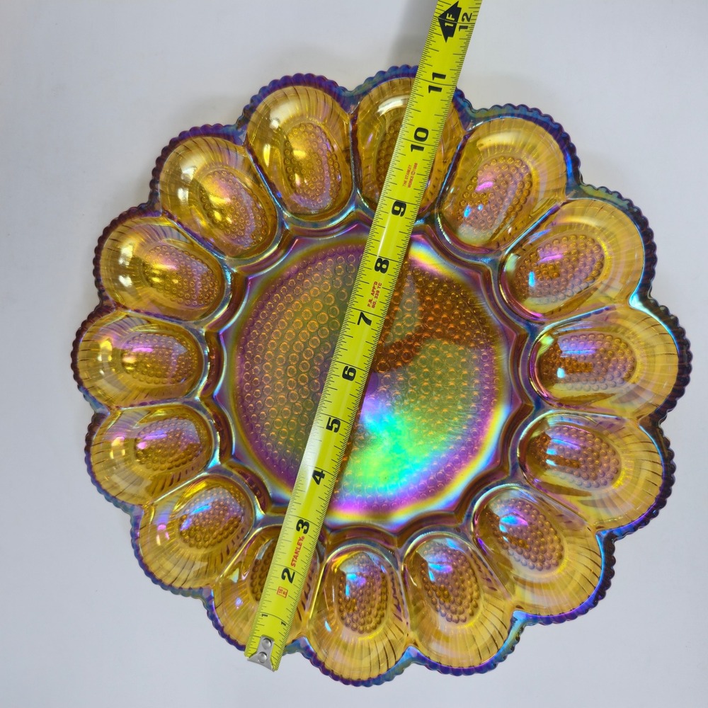 Indiana Glass Gold Carnival Hobnail Egg Plate Relish Tray 1213 Amber Rainbow - Picture 3 of 12